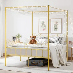 VEVOR Queen Size Canopy Bed Frame, Metal Canopy Bed with Minimalist Headboard & Four Posters Design, Heavy Duty Steel Slats Support, Underbed Storage Space, No Box Spring Needed, Easy Assembly, Gold