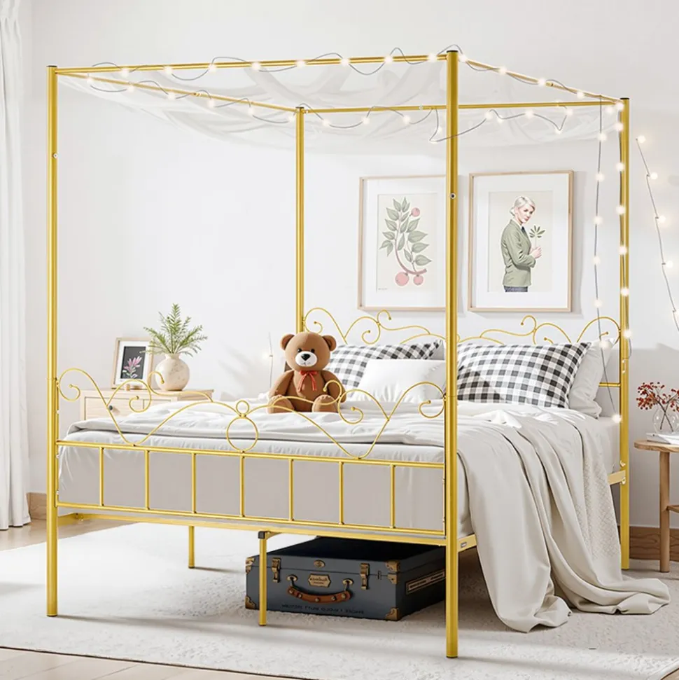 VEVOR Queen Size Canopy Bed Frame, Metal Canopy Bed with Minimalist Headboard & Four Posters Design, Heavy Duty Steel Slats Support, Underbed Storage Space, No Box Spring Needed, Easy Assembly, Gold