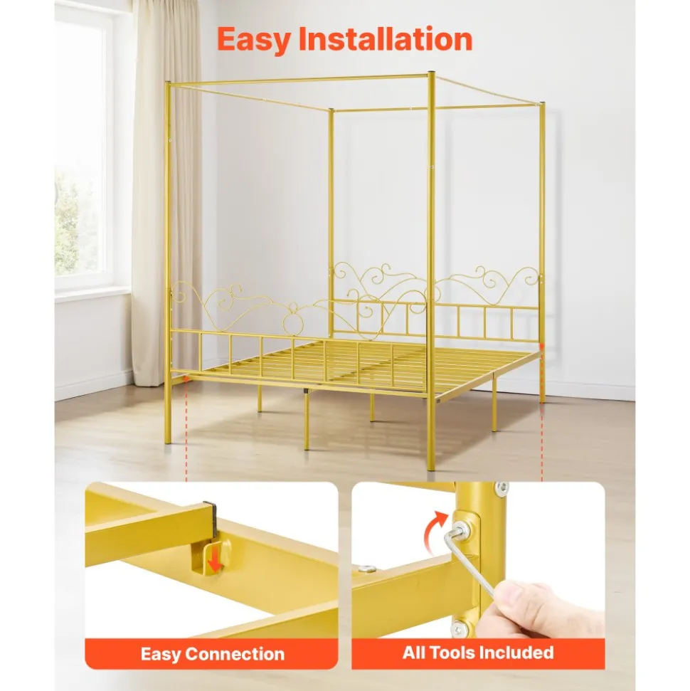 VEVOR Queen Size Canopy Bed Frame, Metal Canopy Bed with Minimalist Headboard & Four Posters Design, Heavy Duty Steel Slats Support, Underbed Storage Space, No Box Spring Needed, Easy Assembly, Gold