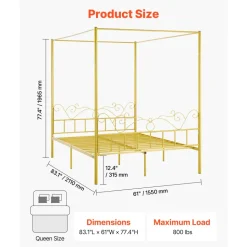 VEVOR Queen Size Canopy Bed Frame, Metal Canopy Bed with Minimalist Headboard & Four Posters Design, Heavy Duty Steel Slats Support, Underbed Storage Space, No Box Spring Needed, Easy Assembly, Gold