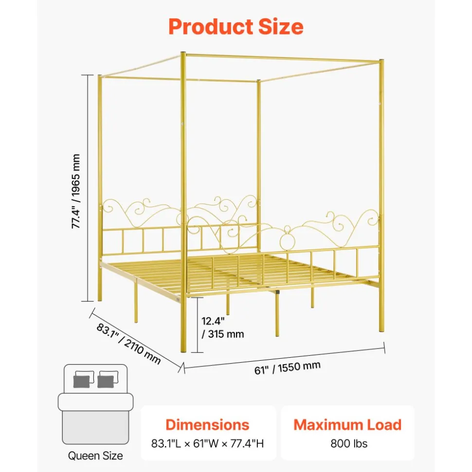 VEVOR Queen Size Canopy Bed Frame, Metal Canopy Bed with Minimalist Headboard & Four Posters Design, Heavy Duty Steel Slats Support, Underbed Storage Space, No Box Spring Needed, Easy Assembly, Gold