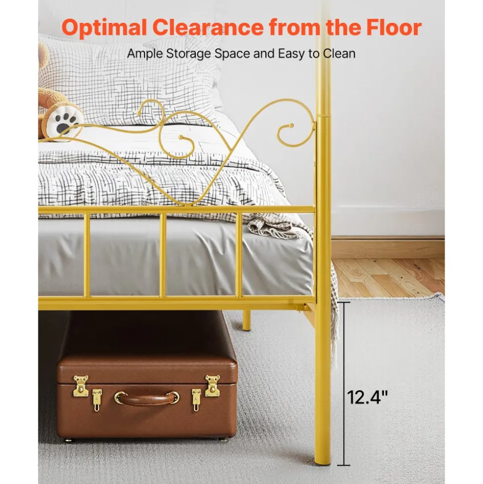 VEVOR Queen Size Canopy Bed Frame, Metal Canopy Bed with Minimalist Headboard & Four Posters Design, Heavy Duty Steel Slats Support, Underbed Storage Space, No Box Spring Needed, Easy Assembly, Gold
