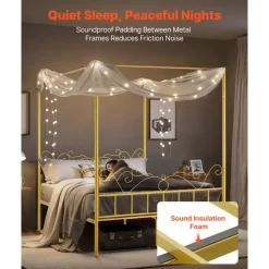 VEVOR Queen Size Canopy Bed Frame, Metal Canopy Bed with Minimalist Headboard & Four Posters Design, Heavy Duty Steel Slats Support, Underbed Storage Space, No Box Spring Needed, Easy Assembly, Gold