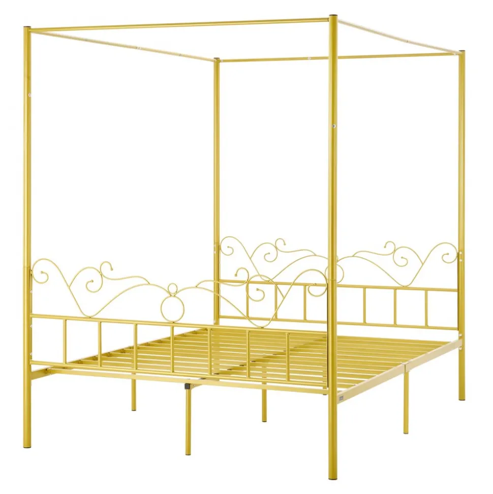 VEVOR Queen Size Canopy Bed Frame, Metal Canopy Bed with Minimalist Headboard & Four Posters Design, Heavy Duty Steel Slats Support, Underbed Storage Space, No Box Spring Needed, Easy Assembly, Gold