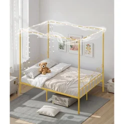 VEVOR Queen Size Canopy Bed Frame, Metal Canopy Bed with Minimalist Headboard & Four Posters Design, Heavy Duty Steel Slats Support, Underbed Storage Space, No Box Spring Needed, Easy Assembly, Gold