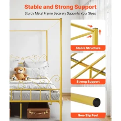 VEVOR Queen Size Canopy Bed Frame, Metal Canopy Bed with Minimalist Headboard & Four Posters Design, Heavy Duty Steel Slats Support, Underbed Storage Space, No Box Spring Needed, Easy Assembly, Gold