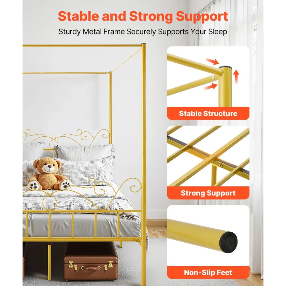 VEVOR Queen Size Canopy Bed Frame, Metal Canopy Bed with Minimalist Headboard & Four Posters Design, Heavy Duty Steel Slats Support, Underbed Storage Space, No Box Spring Needed, Easy Assembly, Gold
