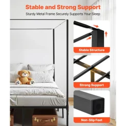VEVOR Queen Size Canopy Bed Frame, Metal Canopy Bed with Four Posters Design, Heavy Duty Steel Slats Support, Underbed Storage Space, No Box Spring Needed, Easy Assembly, Black