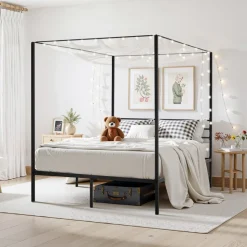 VEVOR Queen Size Canopy Bed Frame, Metal Canopy Bed with Four Posters Design, Heavy Duty Steel Slats Support, Underbed Storage Space, No Box Spring Needed, Easy Assembly, Black