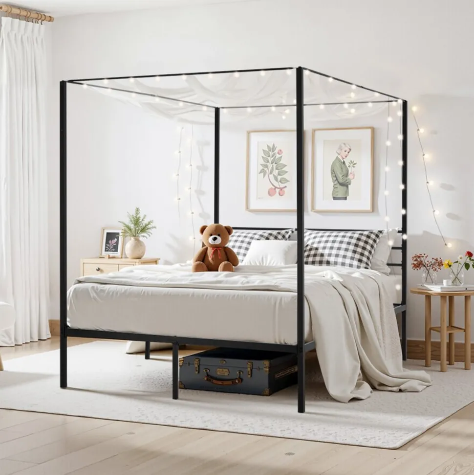 VEVOR Queen Size Canopy Bed Frame, Metal Canopy Bed with Four Posters Design, Heavy Duty Steel Slats Support, Underbed Storage Space, No Box Spring Needed, Easy Assembly, Black