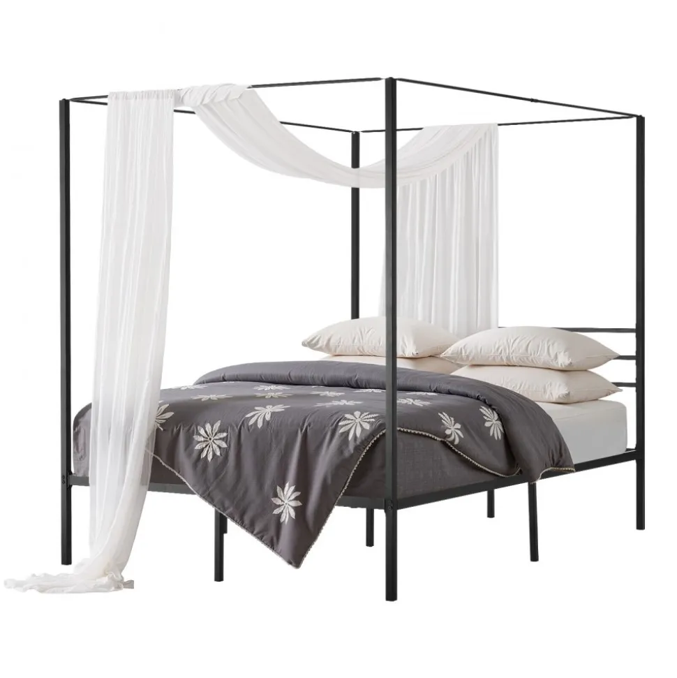 VEVOR Queen Size Canopy Bed Frame, Metal Canopy Bed with Four Posters Design, Heavy Duty Steel Slats Support, Underbed Storage Space, No Box Spring Needed, Easy Assembly, Black