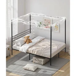 VEVOR Queen Size Canopy Bed Frame, Metal Canopy Bed with Four Posters Design, Heavy Duty Steel Slats Support, Underbed Storage Space, No Box Spring Needed, Easy Assembly, Black
