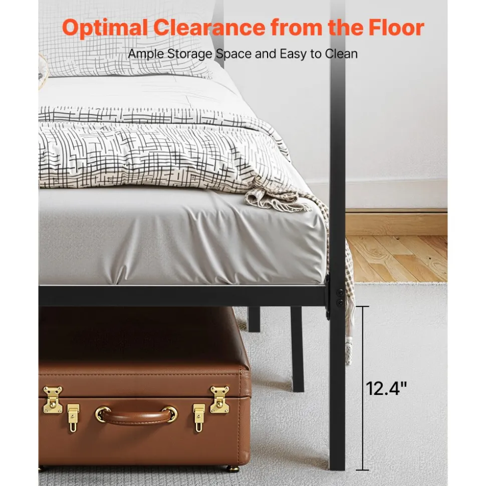 VEVOR Queen Size Canopy Bed Frame, Metal Canopy Bed with Four Posters Design, Heavy Duty Steel Slats Support, Underbed Storage Space, No Box Spring Needed, Easy Assembly, Black