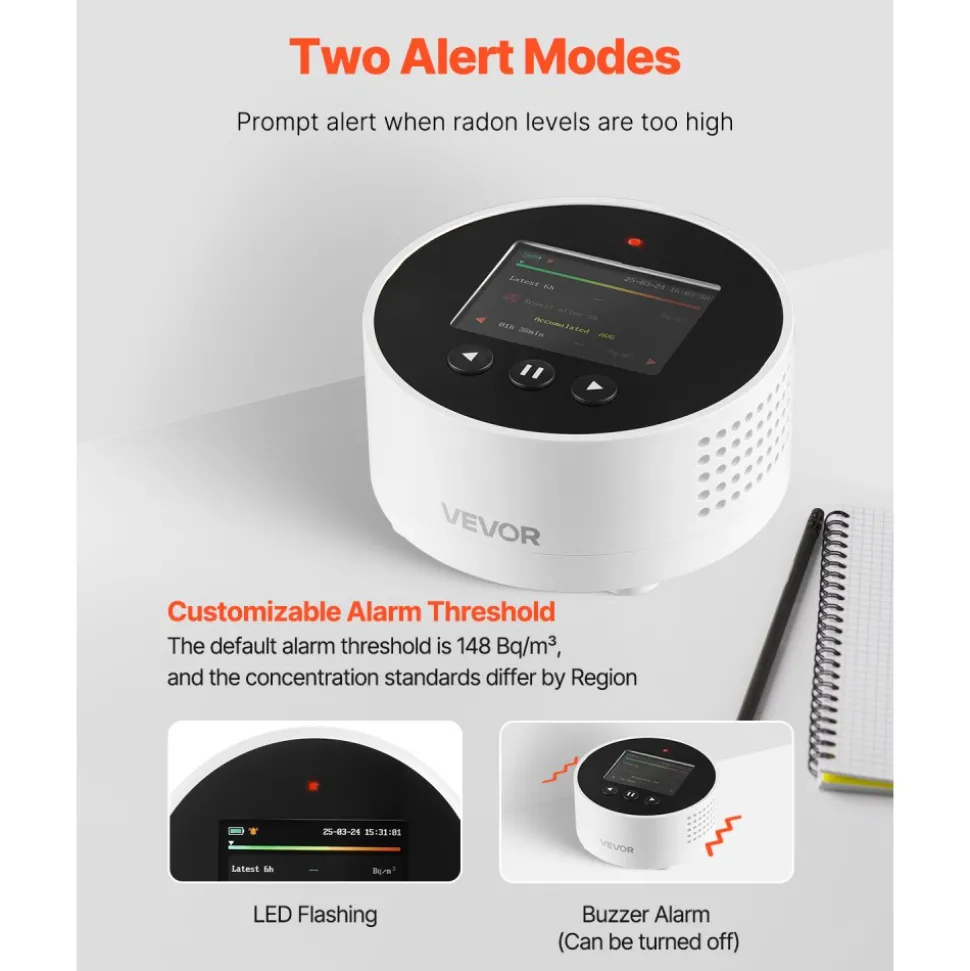 VEVOR Radon Air Quality Meter Detector for Home 3.3Bq/m³ to 37kBq/m³ Battery Powered
