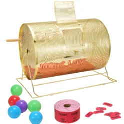 VEVOR Raffle Drum,Holds 10000 Tickets or 300 Ping Pong Balls, Metal Lottery Spinning Drawing with Wooden Turning Handle, 14.8 x Ø21.26 inch Brass Plated Raffle Ticket Spinning Cage, for Bingo Ballot