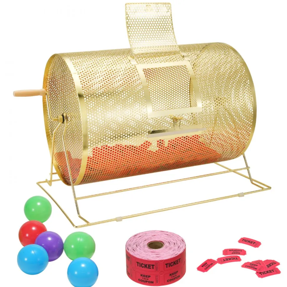 VEVOR Raffle Drum,Holds 10000 Tickets or 300 Ping Pong Balls, Metal Lottery Spinning Drawing with Wooden Turning Handle, 14.8 x Ø21.26 inch Brass Plated Raffle Ticket Spinning Cage, for Bingo Ballot