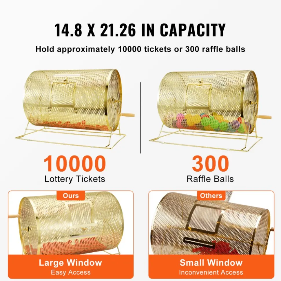 VEVOR Raffle Drum,Holds 10000 Tickets or 300 Ping Pong Balls, Metal Lottery Spinning Drawing with Wooden Turning Handle, 14.8 x Ø21.26 inch Brass Plated Raffle Ticket Spinning Cage, for Bingo Ballot