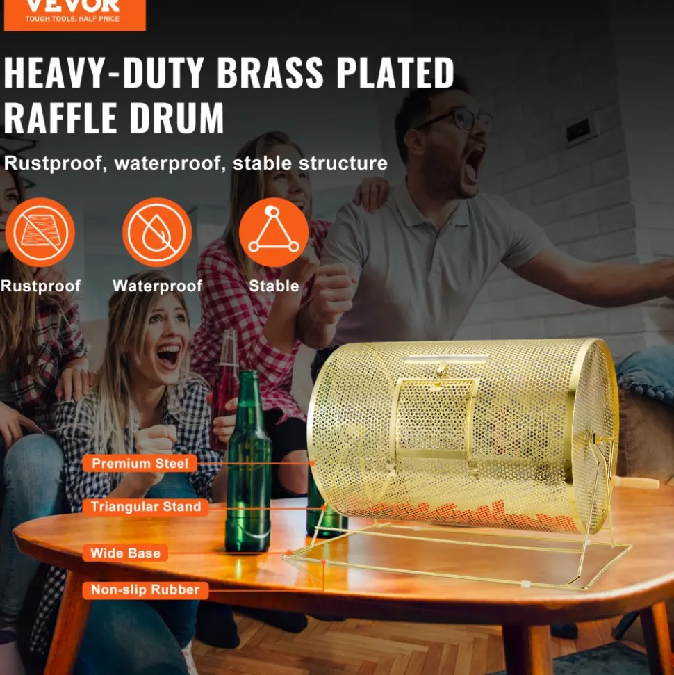 VEVOR Raffle Drum,Holds 10000 Tickets or 300 Ping Pong Balls, Metal Lottery Spinning Drawing with Wooden Turning Handle, 14.8 x Ø21.26 inch Brass Plated Raffle Ticket Spinning Cage, for Bingo Ballot