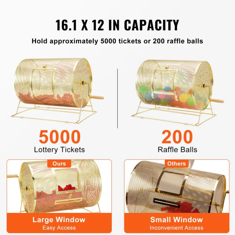 VEVOR Raffle Drum, Holds 5000 Tickets or 200 Ping Pong Balls, Metal Lottery Spinning Drawing with Wooden Turning Handle,16.1 x Ø12 inch Brass Plated Raffle Ticket Spinning Cage, for Bingo Ballot Part