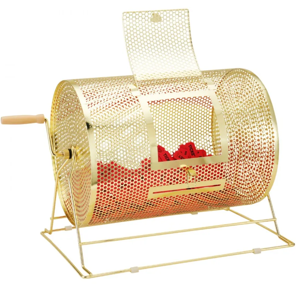 VEVOR Raffle Drum, Holds 5000 Tickets or 200 Ping Pong Balls, Metal Lottery Spinning Drawing with Wooden Turning Handle,16.1 x Ø12 inch Brass Plated Raffle Ticket Spinning Cage, for Bingo Ballot Part