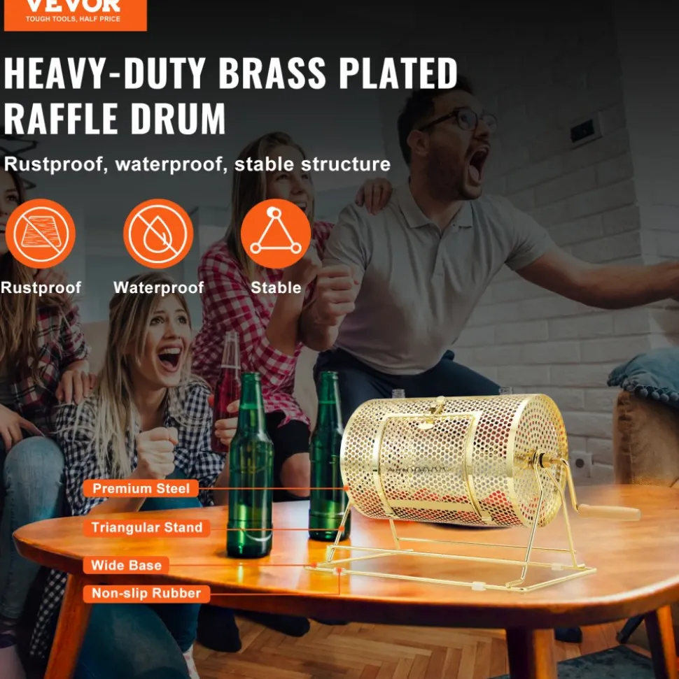 VEVOR Raffle Drum,Holds 2500 Tickets or 100 Ping Pong Balls, Metal Lottery Spinning Drawing with Wooden Turning Handle,11.6 x Ø7.48 inch Brass Plated Raffle Ticket Spinning Cage, for Bingo Ballot Pa