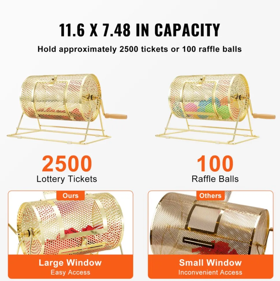 VEVOR Raffle Drum,Holds 2500 Tickets or 100 Ping Pong Balls, Metal Lottery Spinning Drawing with Wooden Turning Handle,11.6 x Ø7.48 inch Brass Plated Raffle Ticket Spinning Cage, for Bingo Ballot Pa