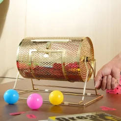 VEVOR Raffle Drum,Holds 2500 Tickets or 100 Ping Pong Balls, Metal Lottery Spinning Drawing with Wooden Turning Handle,11.6 x Ø7.48 inch Brass Plated Raffle Ticket Spinning Cage, for Bingo Ballot Pa