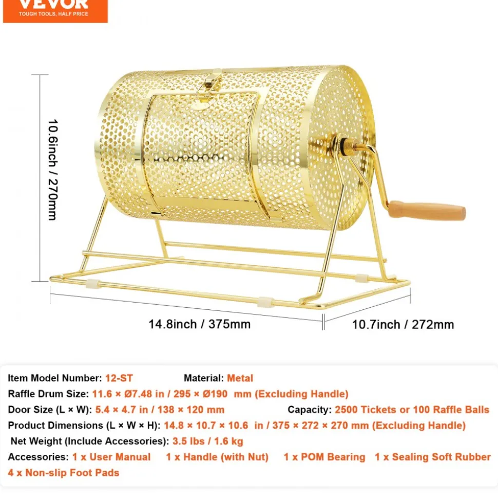 VEVOR Raffle Drum,Holds 2500 Tickets or 100 Ping Pong Balls, Metal Lottery Spinning Drawing with Wooden Turning Handle,11.6 x Ø7.48 inch Brass Plated Raffle Ticket Spinning Cage, for Bingo Ballot Pa