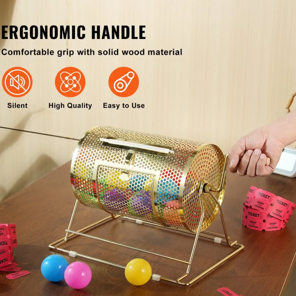 VEVOR Raffle Drum,Holds 2500 Tickets or 100 Ping Pong Balls, Metal Lottery Spinning Drawing with Wooden Turning Handle,11.6 x Ø7.48 inch Brass Plated Raffle Ticket Spinning Cage, for Bingo Ballot Pa
