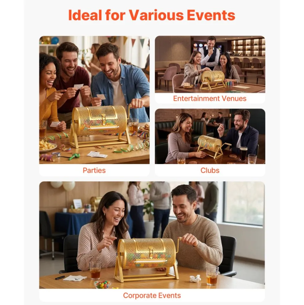 VEVOR Raffle Ticket Spinner, 11.6" x 6.6" Holds 2500 Tickets or 100 Ping Pong Balls, Raffle Drum Lottery Spinning Cage with Reinforced Handle, Stable Triangular Stand, for Events and Gatherings, Gold