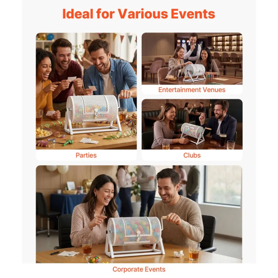 VEVOR Raffle Ticket Spinner, 11.6" x 6.6" Holds 2500 Tickets or 100 Ping Pong Balls, Raffle Drum Lottery Spinning Cage with Reinforced Handle, Stable Triangular Stand, for Events and Gatherings, White