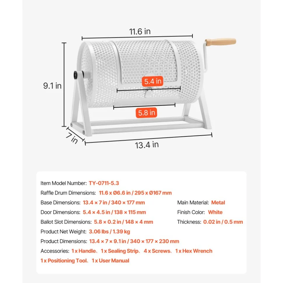 VEVOR Raffle Ticket Spinner, 11.6" x 6.6" Holds 2500 Tickets or 100 Ping Pong Balls, Raffle Drum Lottery Spinning Cage with Reinforced Handle, Stable Triangular Stand, for Events and Gatherings, White
