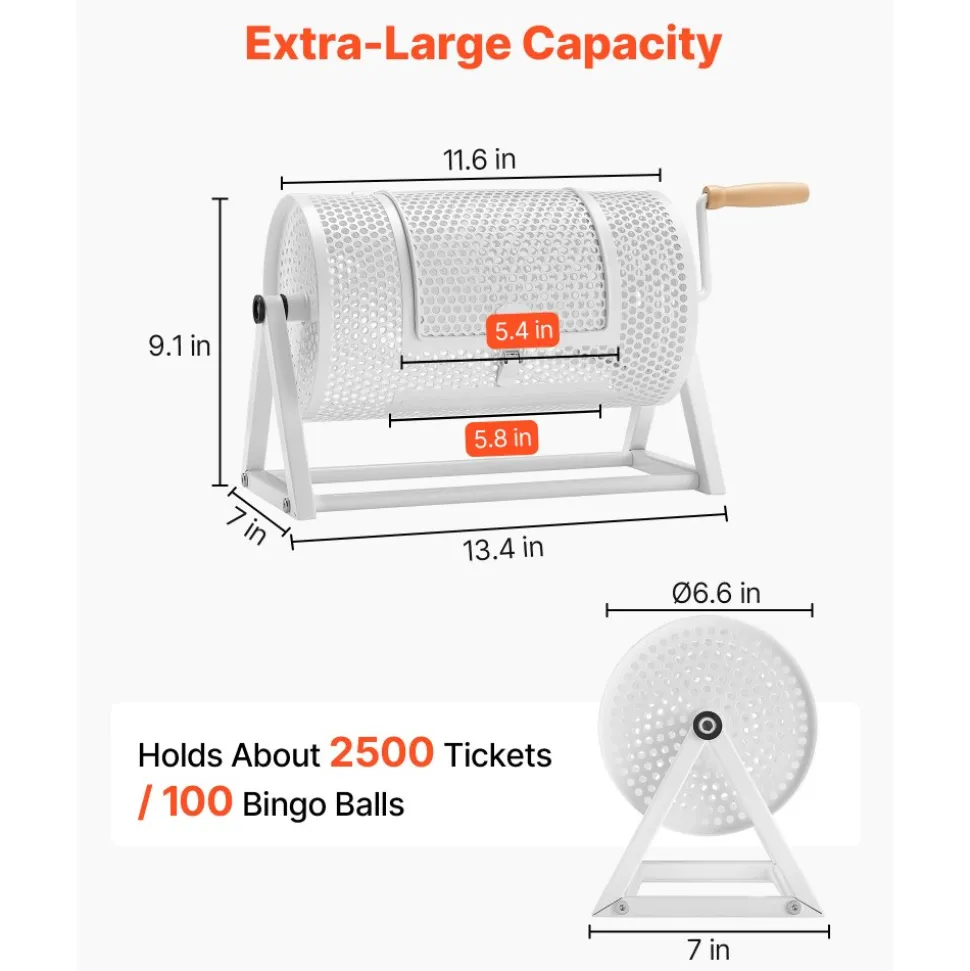 VEVOR Raffle Ticket Spinner, 11.6" x 6.6" Holds 2500 Tickets or 100 Ping Pong Balls, Raffle Drum Lottery Spinning Cage with Reinforced Handle, Stable Triangular Stand, for Events and Gatherings, White