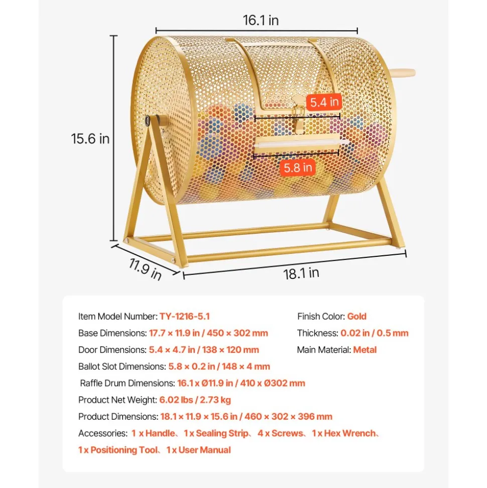VEVOR Raffle Ticket Spinner, 16.1" x 11.9" Holds 5000 Tickets or 200 Ping Pong Balls, Raffle Drum Lottery Spinning Cage with Reinforced Handle, Stable Triangular Stand, for Events and Gatherings, Gold