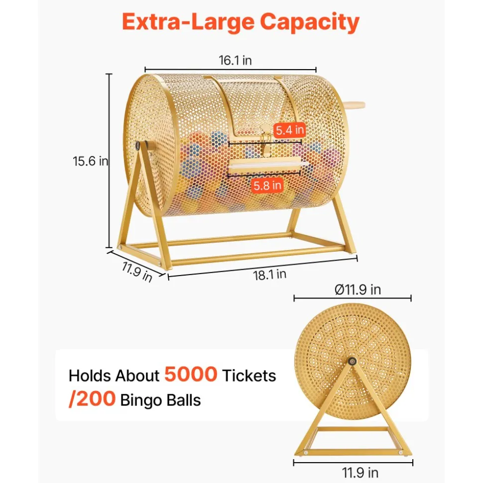 VEVOR Raffle Ticket Spinner, 16.1" x 11.9" Holds 5000 Tickets or 200 Ping Pong Balls, Raffle Drum Lottery Spinning Cage with Reinforced Handle, Stable Triangular Stand, for Events and Gatherings, Gold