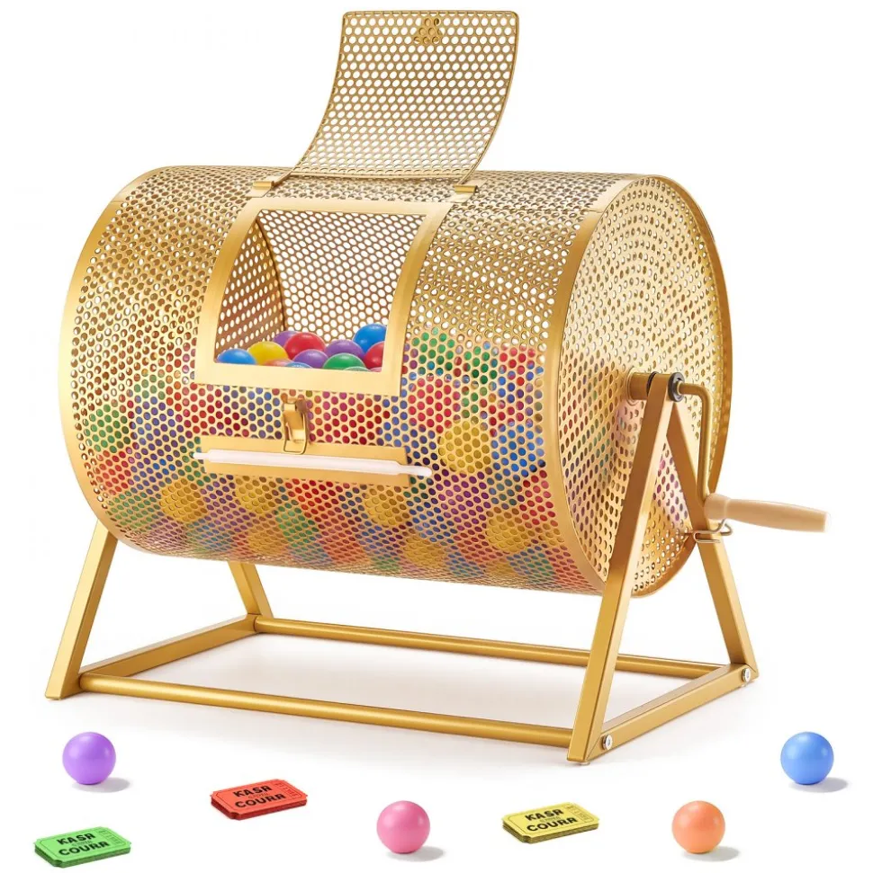 VEVOR Raffle Ticket Spinner, 16.1" x 11.9" Holds 5000 Tickets or 200 Ping Pong Balls, Raffle Drum Lottery Spinning Cage with Reinforced Handle, Stable Triangular Stand, for Events and Gatherings, Gold