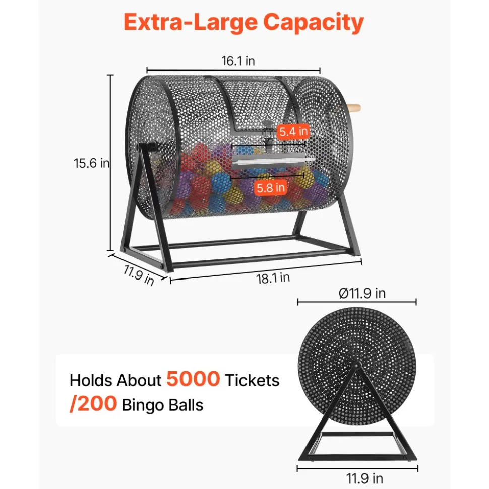 VEVOR Raffle Ticket Spinner, 16.1" x 11.9" Holds 5000 Tickets or 200 Ping Pong Balls, Raffle Drum Lottery Spinning Cage with Reinforced Handle, Stable Triangular Stand, for Events, Gatherings, Black