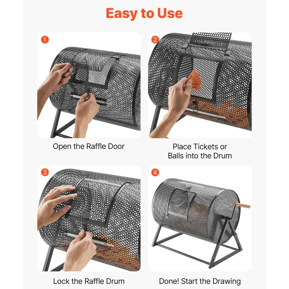VEVOR Raffle Ticket Spinner, 16.1" x 11.9" Holds 5000 Tickets or 200 Ping Pong Balls, Raffle Drum Lottery Spinning Cage with Reinforced Handle, Stable Triangular Stand, for Events, Gatherings, Black
