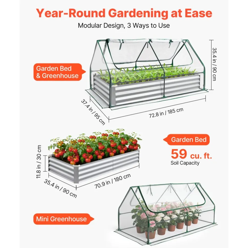 VEVOR Raised Garden Bed with Cover, 6 x 3 x 1 ft, Rectangular Galvanized Metal Planter Box Kit Outdoor, with PE Greenhouse Cover & Gloves, Rustproof Alu-Zinc, for Growing Flowers Vegetables, Silver