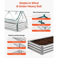 VEVOR Raised Garden Bed with Cover, 6 x 3 x 1 ft, Rectangular Galvanized Metal Planter Box Kit Outdoor, with PE Greenhouse Cover & Gloves, Rustproof Alu-Zinc, for Growing Flowers Vegetables, Silver