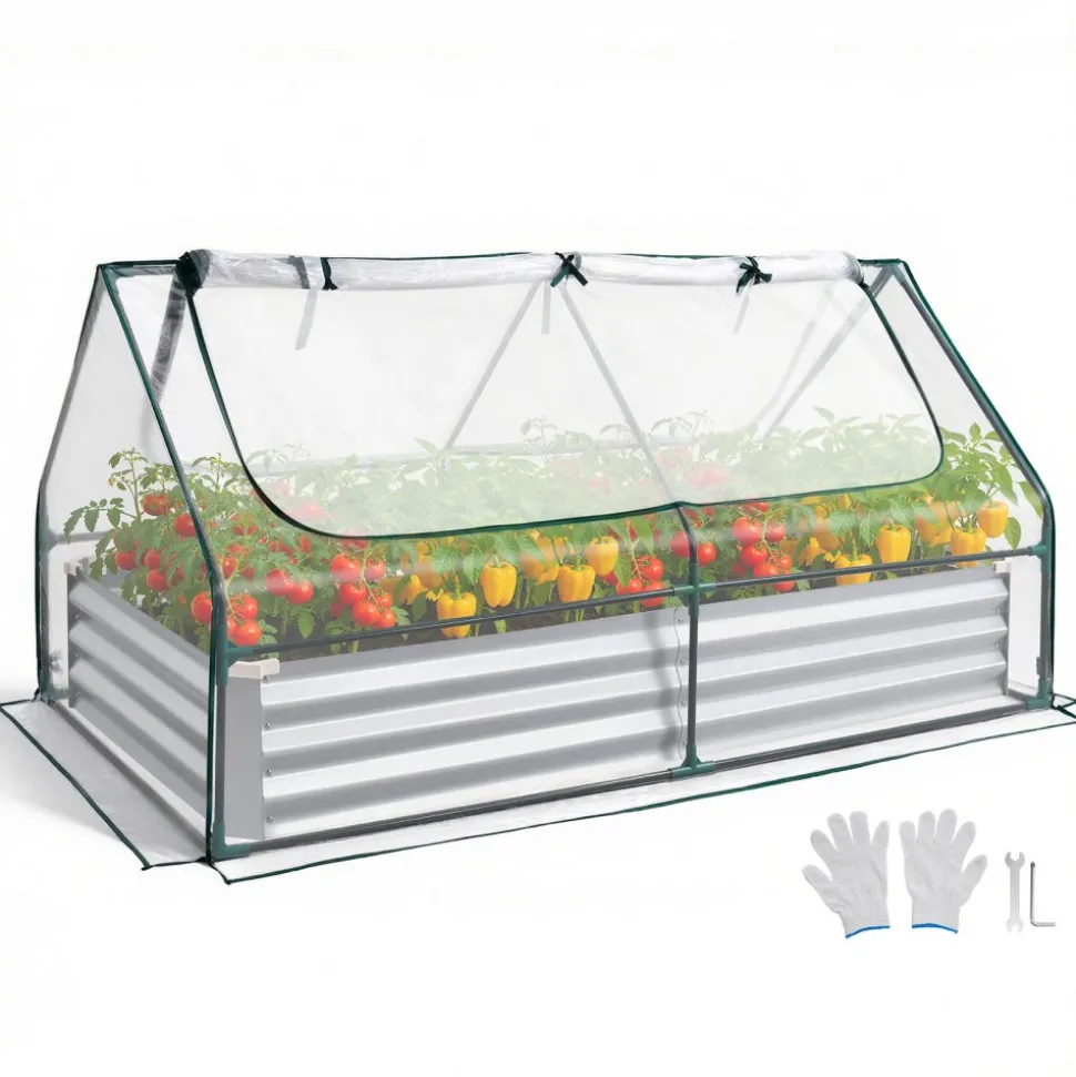 VEVOR Raised Garden Bed with Cover, 6 x 3 x 1 ft, Rectangular Galvanized Metal Planter Box Kit Outdoor, with PE Greenhouse Cover & Gloves, Rustproof Alu-Zinc, for Growing Flowers Vegetables, Silver