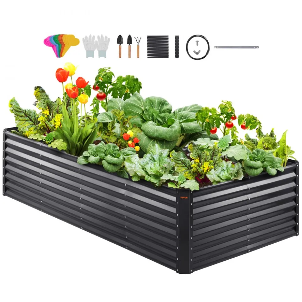 VEVOR Raised Garden Bed, 8 x 4 x 2 ft Galvanized Metal Planter Box, Outdoor Planting Boxes with Open Base, for Growing Flowers/Vegetables/Herbs in Backyard/Garden/Patio/Balcony, Dark Gray