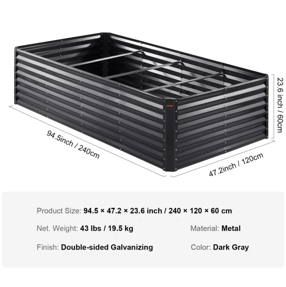 VEVOR Raised Garden Bed, 8 x 4 x 2 ft Galvanized Metal Planter Box, Outdoor Planting Boxes with Open Base, for Growing Flowers/Vegetables/Herbs in Backyard/Garden/Patio/Balcony, Dark Gray