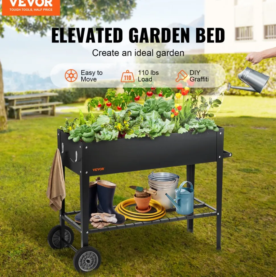 VEVOR Raised Garden Bed, 42.5 x 19.5 x 31.5 inch Galvanized Metal Planter Box, Elevated Outdoor Planting Boxes with Legs, for Growing Flowers/Vegetables/Herbs in Backyard/Garden/Patio/Balcony, Black