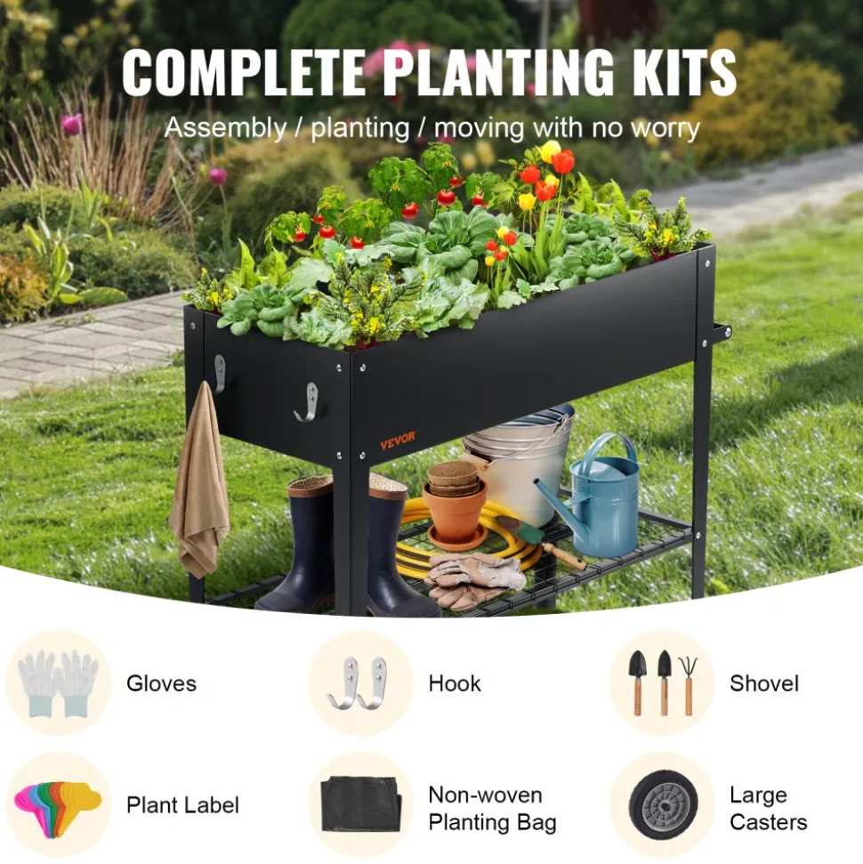 VEVOR Raised Garden Bed, 42.5 x 19.5 x 31.5 inch Galvanized Metal Planter Box, Elevated Outdoor Planting Boxes with Legs, for Growing Flowers/Vegetables/Herbs in Backyard/Garden/Patio/Balcony, Black