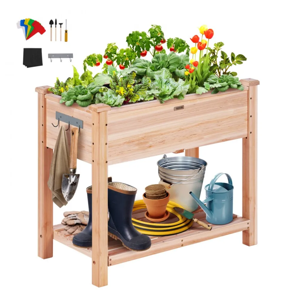 VEVOR Raised Garden Bed, 34 x 18 x 30 in Wooden Planter Box, Elevated Outdoor Planting Boxes with Legs, for Growing Flowers/Vegetables/Herbs in Backyard/Garden/Patio/Balcony, Burlywood