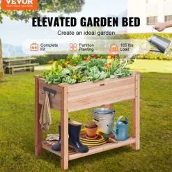 VEVOR Raised Garden Bed, 34 x 18 x 30 in Wooden Planter Box, Elevated Outdoor Planting Boxes with Legs, for Growing Flowers/Vegetables/Herbs in Backyard/Garden/Patio/Balcony, Burlywood