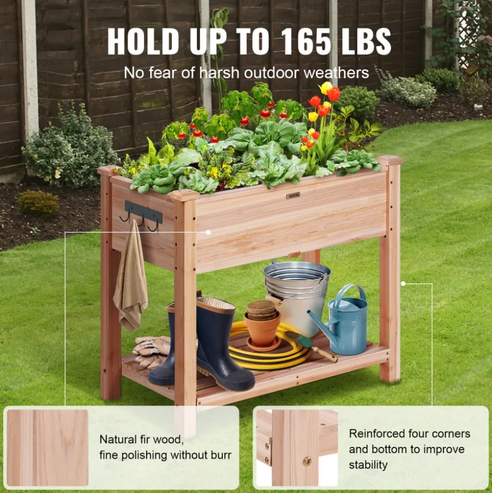 VEVOR Raised Garden Bed, 34 x 18 x 30 in Wooden Planter Box, Elevated Outdoor Planting Boxes with Legs, for Growing Flowers/Vegetables/Herbs in Backyard/Garden/Patio/Balcony, Burlywood
