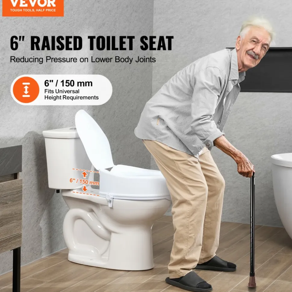 VEVOR Raised Toilet Seat, 6" Height Raised, 300 lbs Weight Capacity, Universal Toilet Seat Riser, Screw Rod Locking, with Toilet Seat, for Elderly, Handicap, Patient, Pregnant, Medical