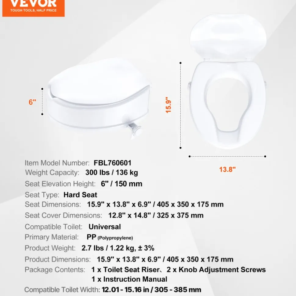 VEVOR Raised Toilet Seat, 6" Height Raised, 300 lbs Weight Capacity, Universal Toilet Seat Riser, Screw Rod Locking, with Toilet Seat, for Elderly, Handicap, Patient, Pregnant, Medical